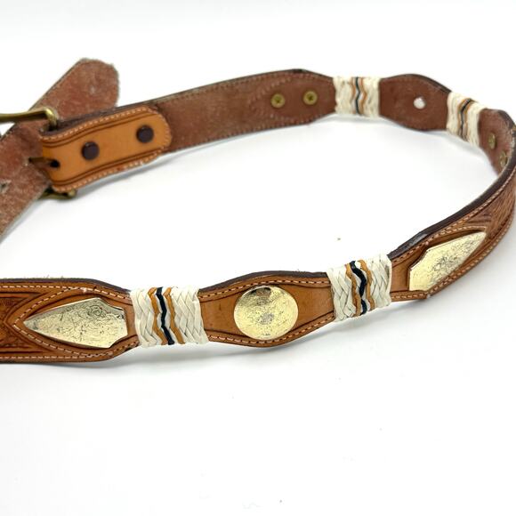 Nocona Western Concho Belt 30 Brown Leather Tooled Basketweave Rawhide Brass - Picture 4 of 12
